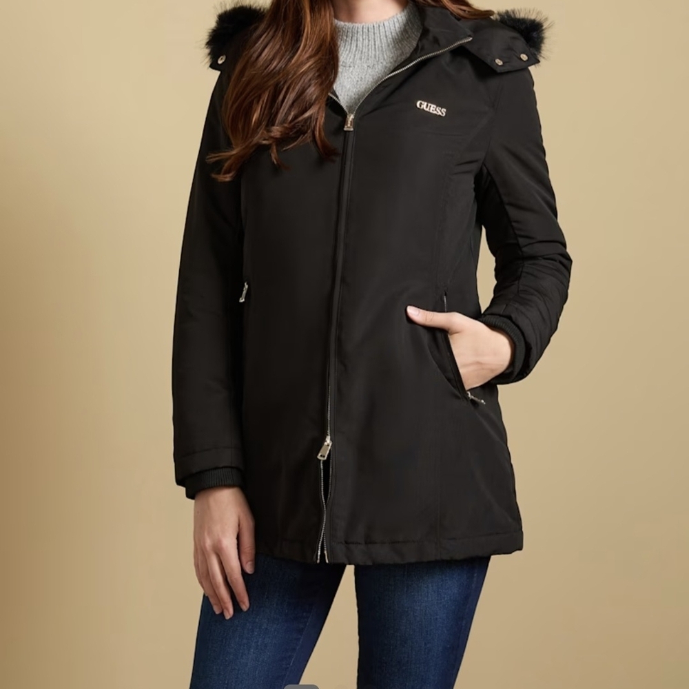 GUESS Women's Black Fur-Trimmed Jacket
